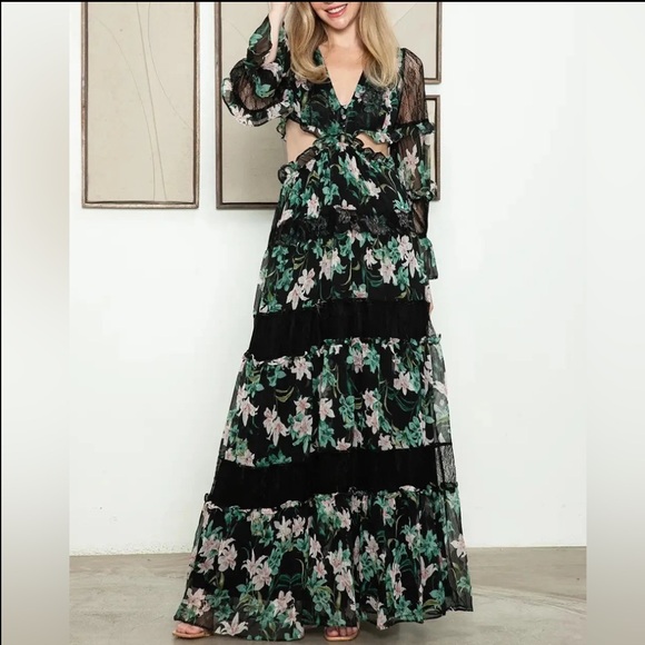 Floral Lace Panel Tiered Maxi Dress Bohemian Cutout Ruffle Sleeve multiple sizes - Picture 7 of 7